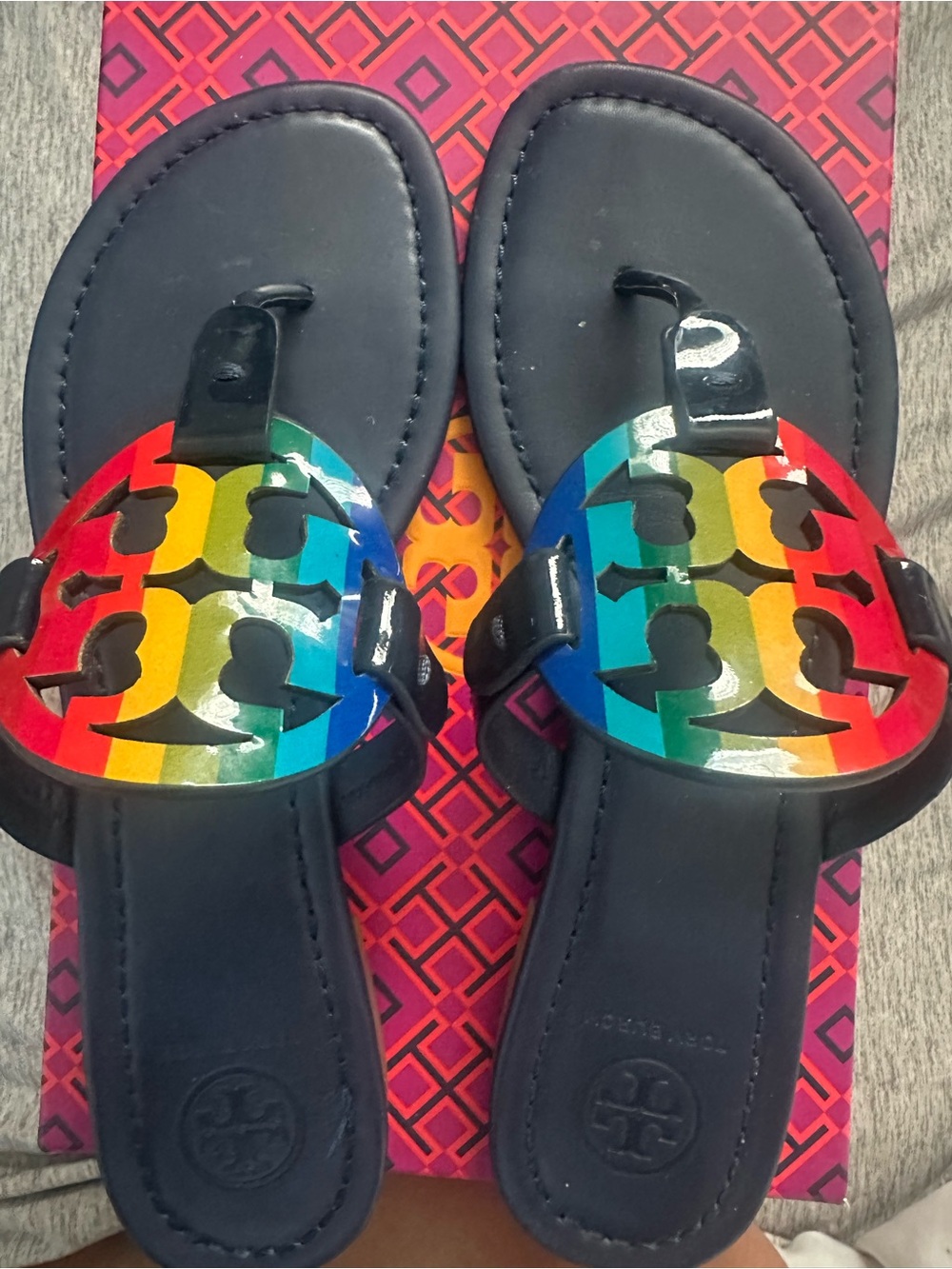 Tory Burch Navy Patent Leather Sandals with Rainbow Logo worn once